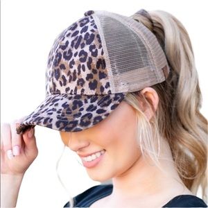 Leopard print ponytail hat